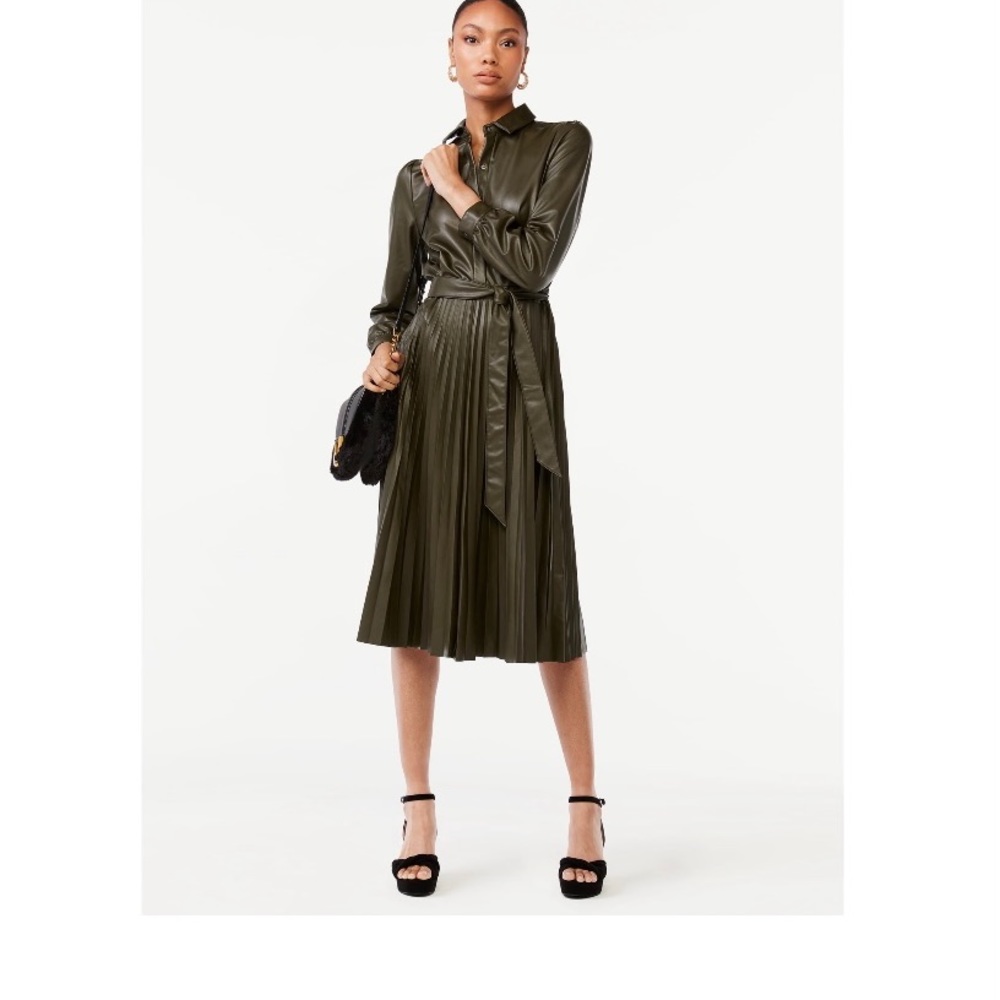 Faux leather pleated midi shirtdress